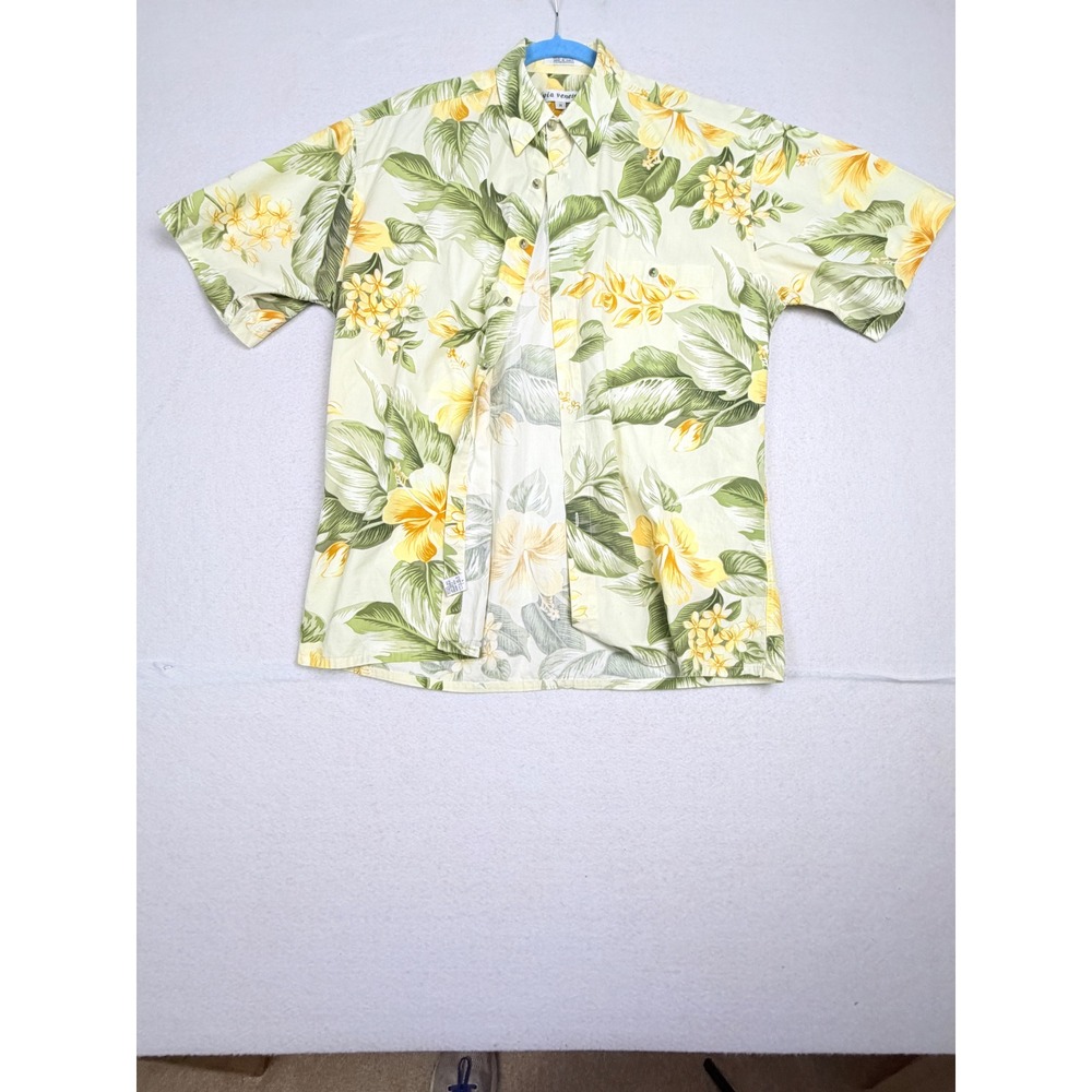 Via Veneto Mens Medium Yellow Green Tropical Hibiscus Floral Cotton Aloha Shirt